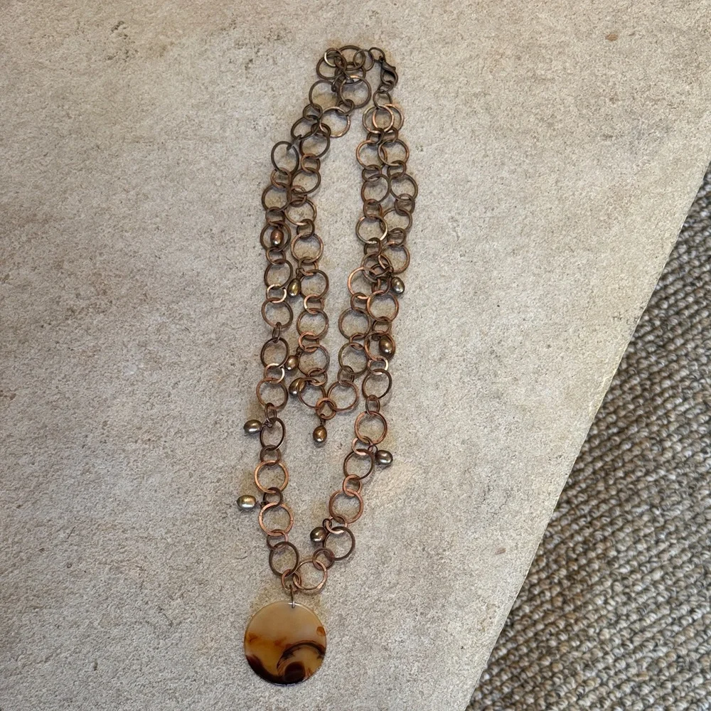 Brown Stone Pendant Multi-Chain bronze Necklace good condition